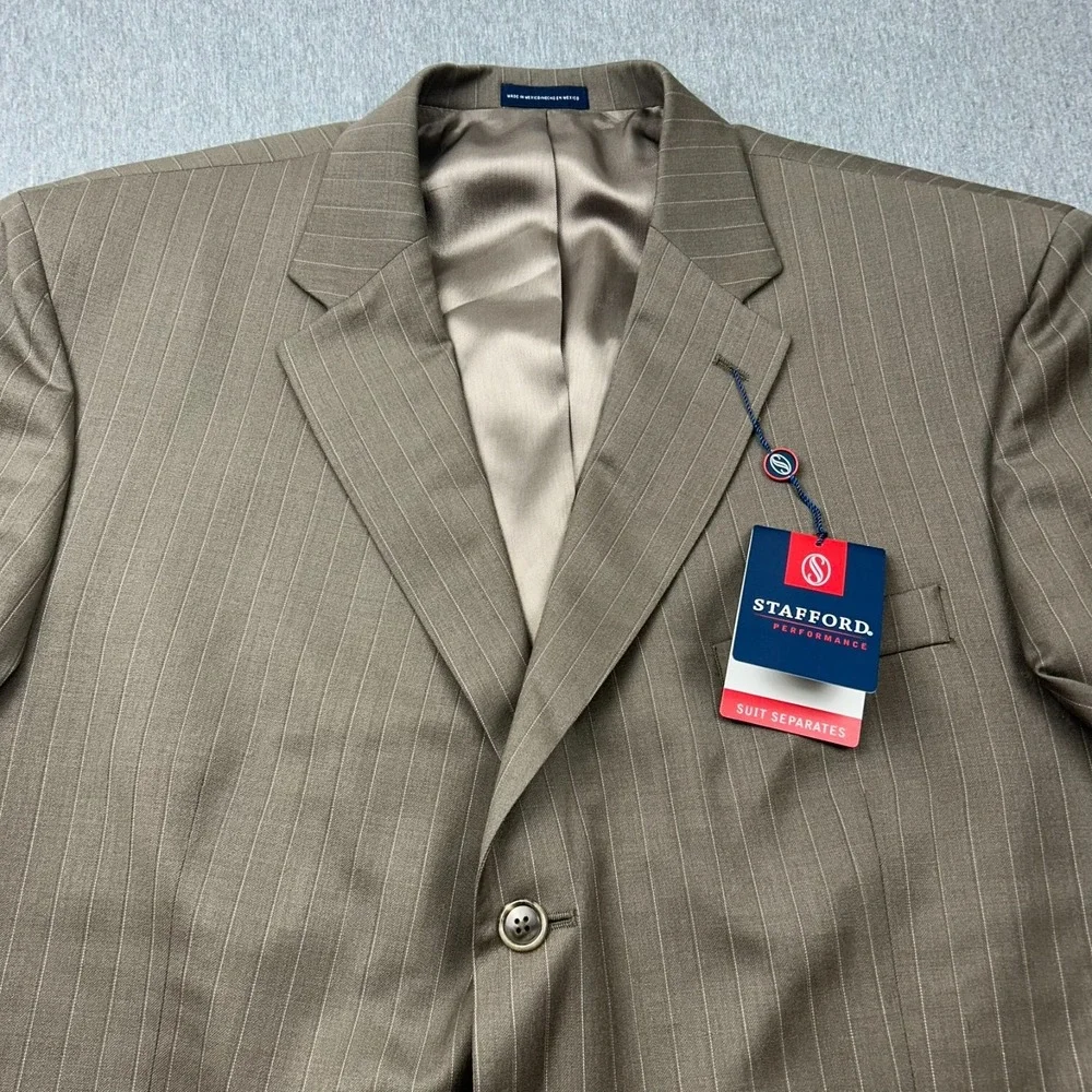 Stafford Performance Classic Fit Worsted‎ Wool Blazer Mens 48R Taupe Striped NEW